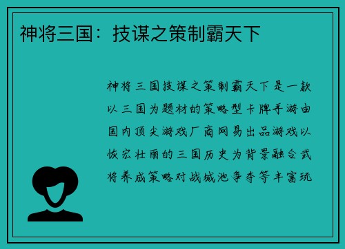神将三国：技谋之策制霸天下